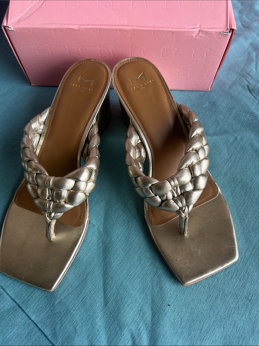 Marc Fisher Metallic Braided Thong Mules - Gold
